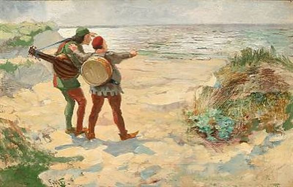 Coast Scene With Two Musicians Staring At The Sea. Motif Presumably After A Folk Song Oil Painting by Hans Nikolaj Hansen