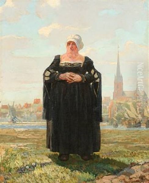 Mother Sigbrit On Amager Island, In The Background Copenhagen Oil Painting by Hans Nikolaj Hansen