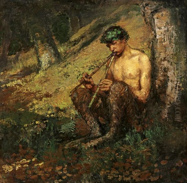 Flote Spielender Faun In Einem Waldstuck Oil Painting by Hans Nikolaj Hansen