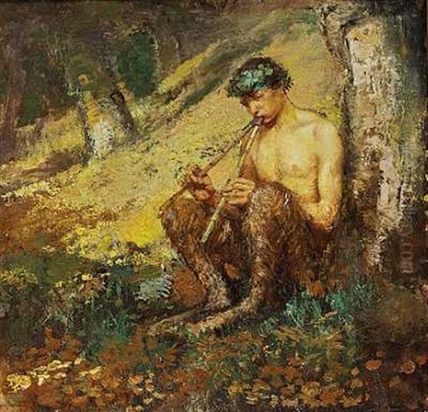 En Faun Spiller Flojte I Skoven Oil Painting by Hans Nikolaj Hansen