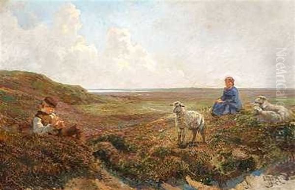 Hedeparti Med En Lille Hyrdedreng Der Spiller Pa Flojte Oil Painting by Hans Nikolaj Hansen