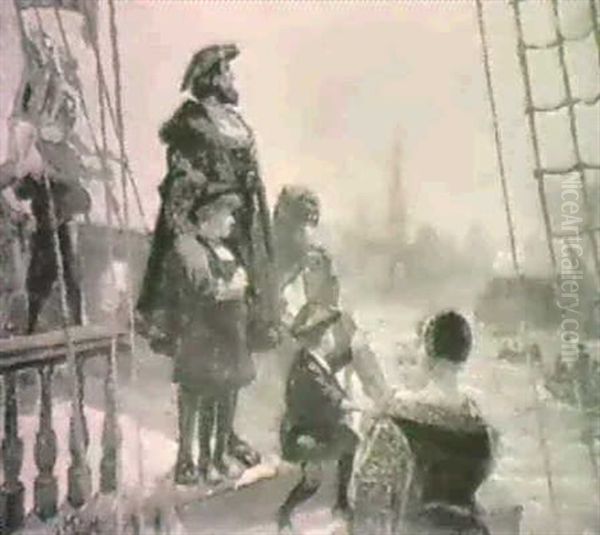 Chr.ii Forlader Kobenhavn Med Dronningen Og Bornene For At  Soge Hjaelp I Nederlandene Oil Painting by Hans Nikolaj Hansen