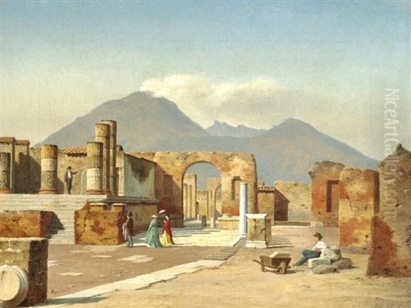 Sightseers Exploring The Ruins Of Pompeii Oil Painting by Heinrich Hansen