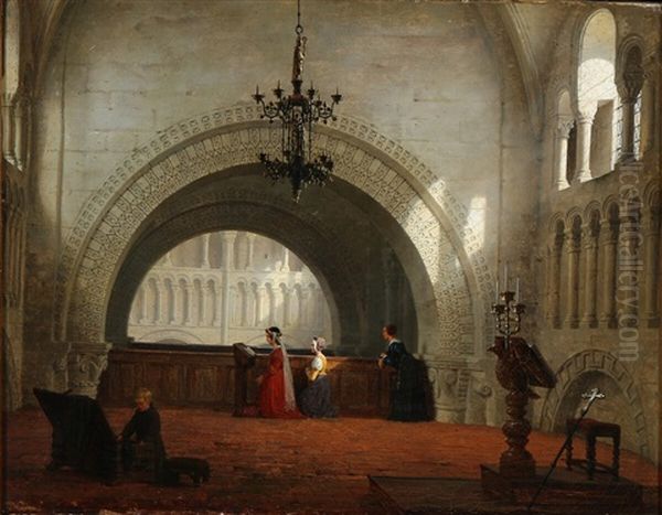 Interior From A Catholic Church With Women Praying Oil Painting by Heinrich Hansen