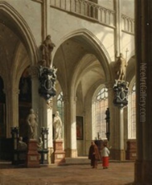 Church Interior With A Monk And An Altarboy Oil Painting by Heinrich Hansen