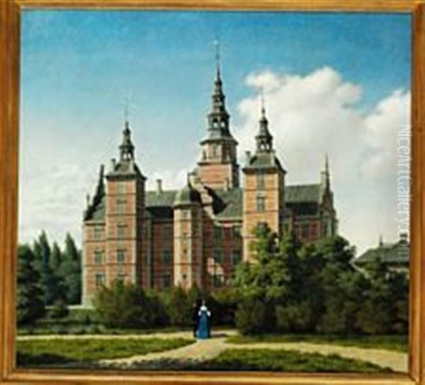 A Young Couple In Renaissance Costumes In Front Of Rosenborg Castle In Copenhagen Oil Painting by Heinrich Hansen