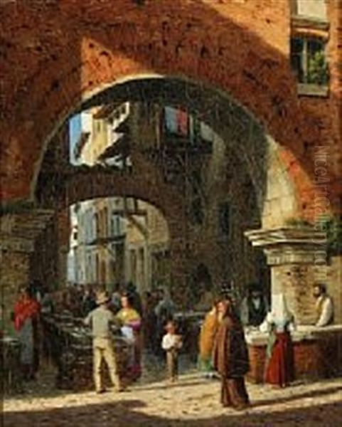 View From A Fish Market In Rome Oil Painting by Heinrich Hansen