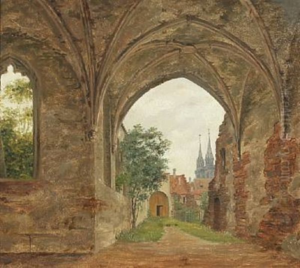 Church Ruin From Nurnberg With A View Of St. Lorenz Cathedral Oil Painting by Heinrich Hansen