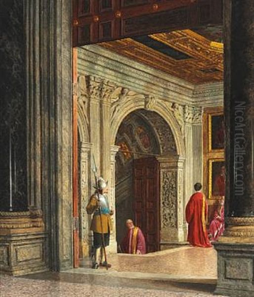 Interior From St. Peter's Basilica In Rome With Three Cardinals And A Swiss Guard Oil Painting by Heinrich Hansen