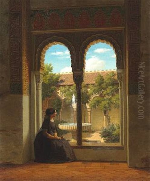 A Young Woman Contemplating Near A Fountain In Alhambra Oil Painting by Heinrich Hansen