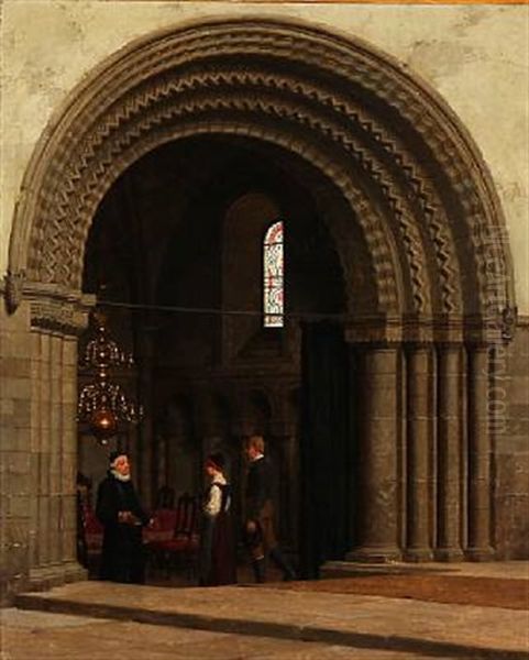 A Vicar Receiving A Young Couple At A Church Door Oil Painting by Heinrich Hansen