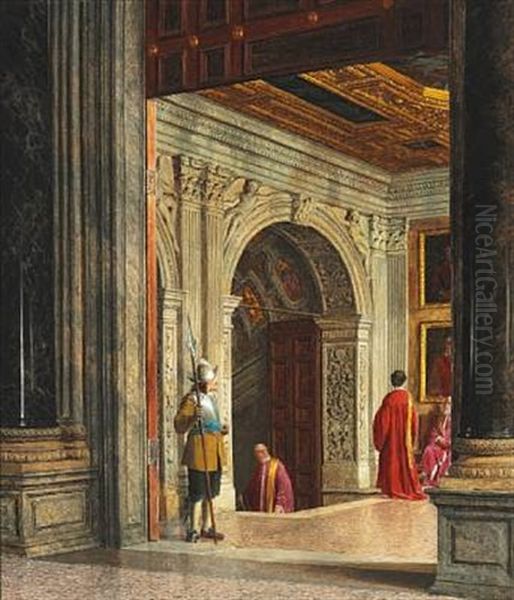 Interior From St. Peter's Basilica In Rome With Three Cardinals And A Swiss Guard Oil Painting by Heinrich Hansen