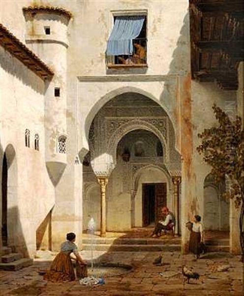 Patio De La Mesquita Paa Alhambra Oil Painting by Heinrich Hansen