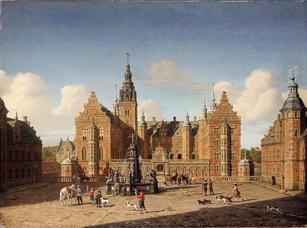 Fredriksborg Slott: Den Kongelige Falke Jagt (frederiksborg Castle: Departure Of The Royal Falcon Hunt) Oil Painting by Heinrich Hansen