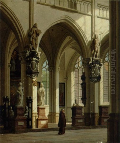 Kirkeinterior Med Munk, Antagelig Fra Notre Dame Du Sablon I Bruxelles Oil Painting by Heinrich Hansen