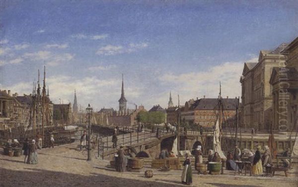 En Sommerdag Pa Hojbro Plads Mod Det Gamle Christainsborg, Borsen Og Holmens Kirke I Baggrunden Oil Painting by Heinrich Hansen