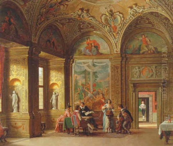 Interior Fra Palazzo Pitti Med Musicerende Personer I Rococodragter Oil Painting by Heinrich Hansen