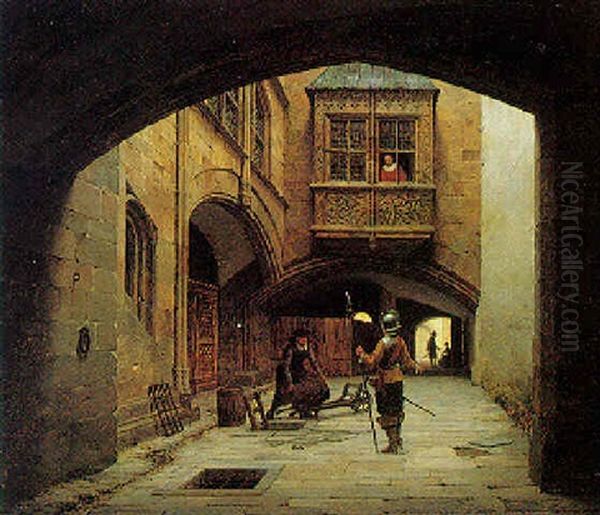 Scene In A Medieval Courtyard Oil Painting by Heinrich Hansen