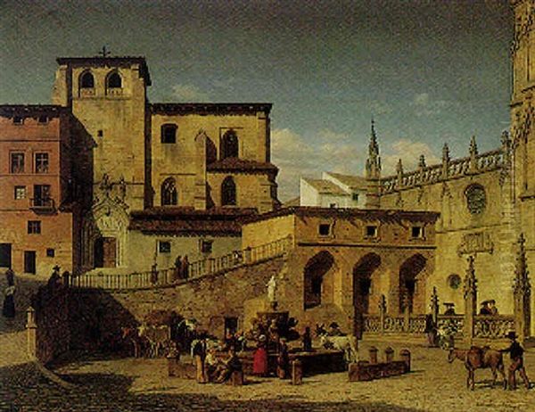 A Spanish Town Square Oil Painting by Heinrich Hansen