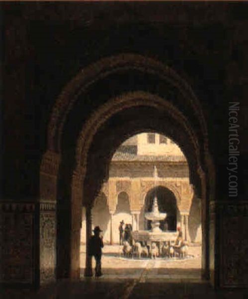 Figures In The Courtyard Of A Moorish Buildig Oil Painting by Heinrich Hansen