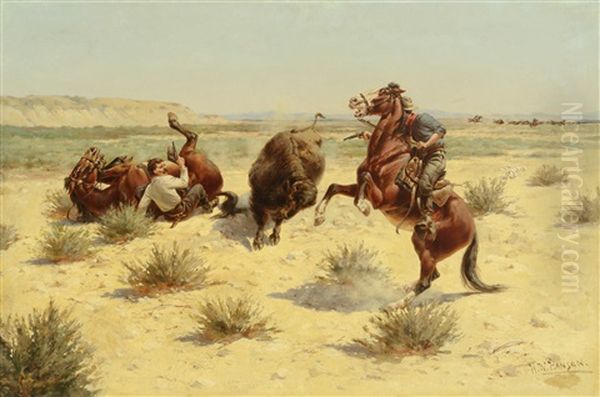 Buffalo Attack Oil Painting by Herman Wendelborg Hansen