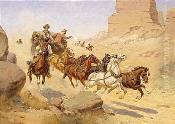 Attack On The Stagecoach Oil Painting by Herman Wendelborg Hansen