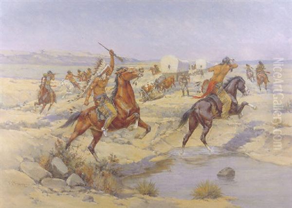 Attack On The Wagon Train Oil Painting by Herman Wendelborg Hansen