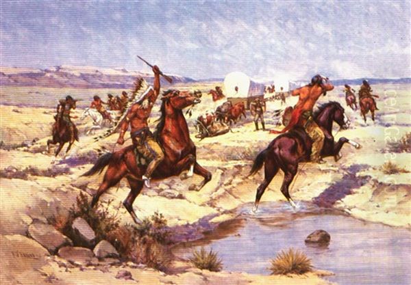 Attack On The Wagon Train Oil Painting by Herman Wendelborg Hansen