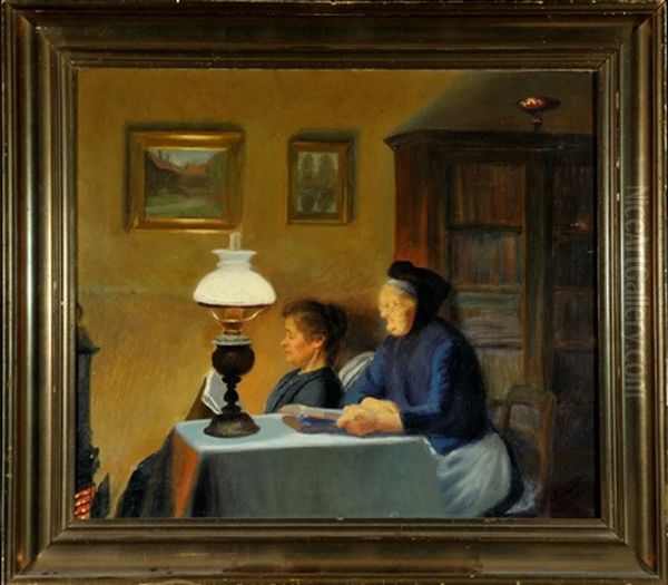 Mutter Mit Tochter Beim Abendlichen Lesen In Der Stube Oil Painting by Immanuel Hansen