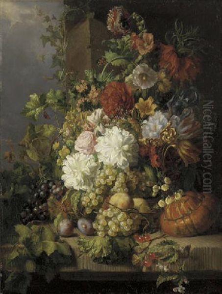 Roses, Poppies, Peonies, Tulips And Iris And Other Flowers With Peaches, Grapes, Cherries, Plums, And A Gourd On A Stone Ledge With Butterflies Oil Painting by Jacoba Catharina Dorothea Hansen