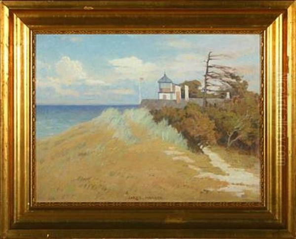 Coastel Scenery With House At The Shore (tisvilde In North Zealand?) Oil Painting by Jakob Hansen