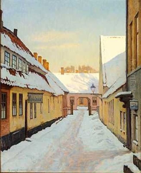 Solrig Vinterdag I Byen, I Huset Til Venstre Er Der Keglebane Oil Painting by Jakob Hansen