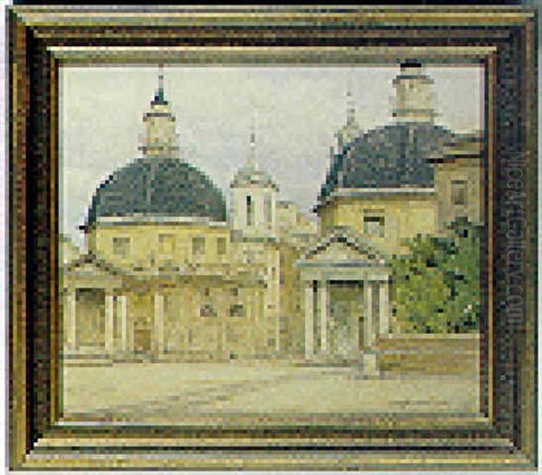 Fra Piazza Del Popolo Med Tvillingekirkerne Ved Corsoen Oil Painting by Jakob Hansen