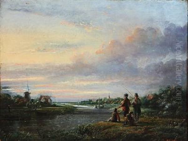 Two Men Fishing Along A River With Their Two Boys Oil Painting by Johann Ludwig Hansen