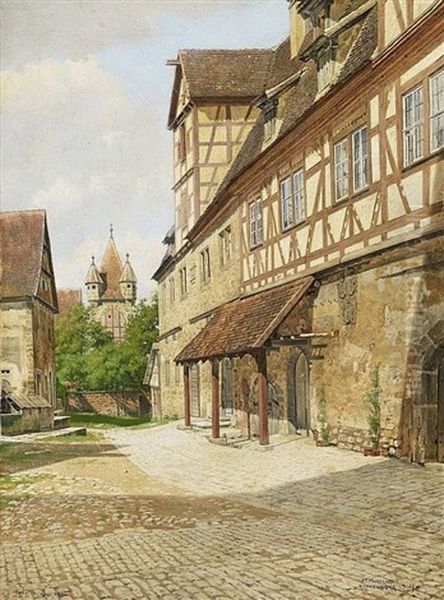 View Of Rothenburg Ob Der Tauber View Through The Spitalhof On The Stoeberleinsturm Oil Painting by Josef Theodor Hansen