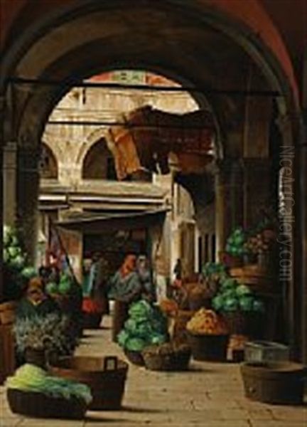 Market Scene From Piazza Del Erbe, Verona Oil Painting by Josef Theodor Hansen