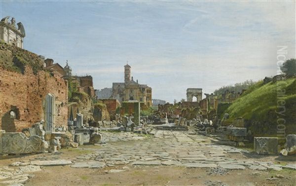 The Roman Forum With The Arch Of Titus And The Coliseum Oil Painting by Josef Theodor Hansen