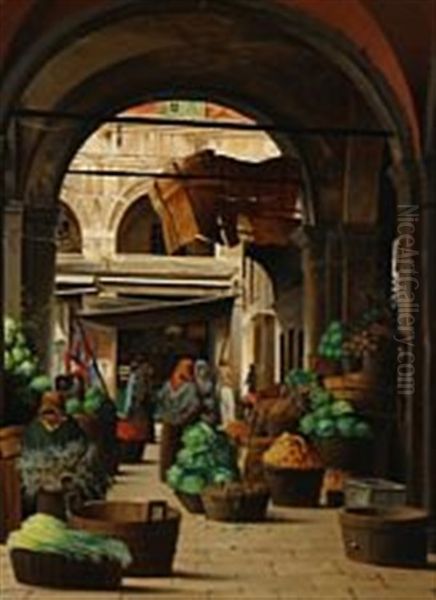 Market Scene Oil Painting by Josef Theodor Hansen