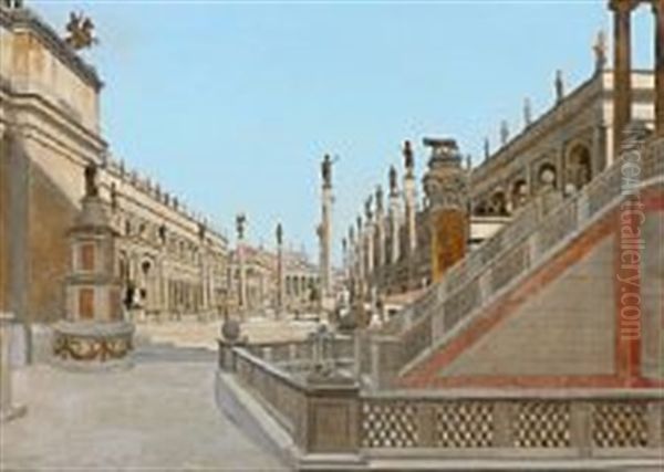 Roman Caprice With Classical Architecture And Ancient Sculptures Oil Painting by Josef Theodor Hansen