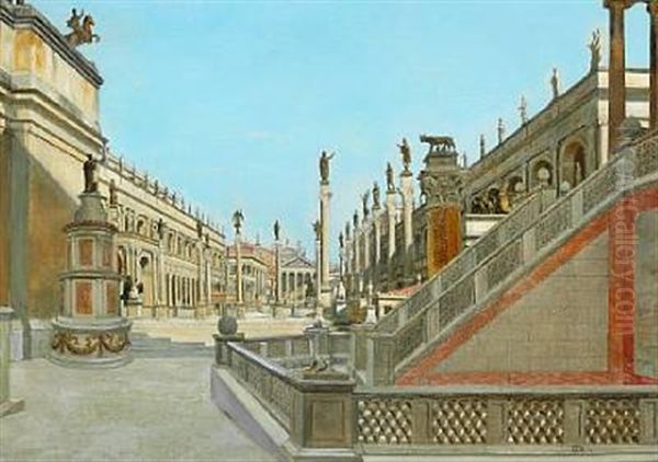 Roman Caprice With Classical Architecture And Ancient Sculptures Oil Painting by Josef Theodor Hansen