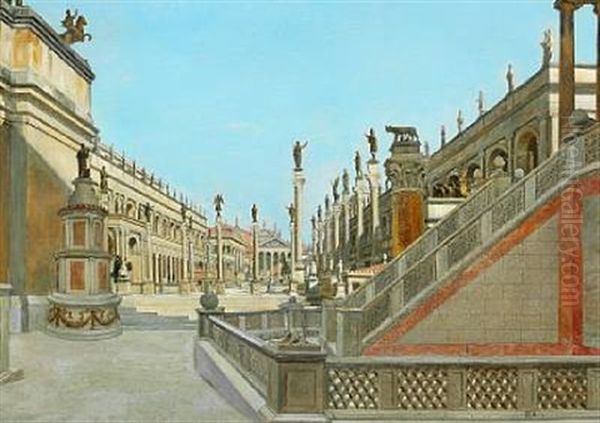 Roman Caprice With Classical Architecture And Ancient Sculptures Oil Painting by Josef Theodor Hansen