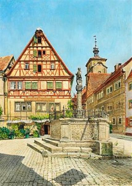 Kapellenplatz In Rothenburg With The Wine Cellar Weinkeller Meistertrunk Oil Painting by Josef Theodor Hansen