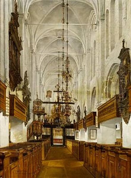 St. Olai Kirke I Helsingor (interior From St. Olai Church In Helsingor) Oil Painting by Josef Theodor Hansen