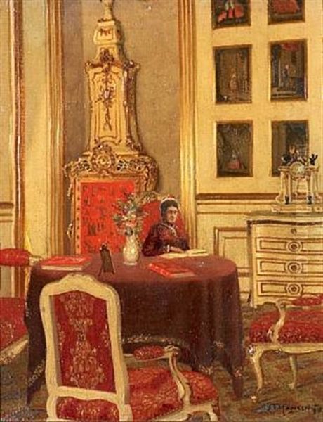 Interior With King Christian Ix (+ Queen Louise Sitting In Their Study; 2 Works) Oil Painting by Josef Theodor Hansen