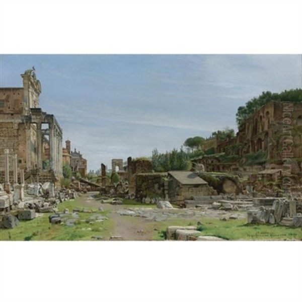 The Roman Forum: A View From The Via Sacra Looking East Towards The Arch Of Titus, The Temple Of Antoninus And Fausta To The Left, And The Palatine Rising To The Right Oil Painting by Josef Theodor Hansen