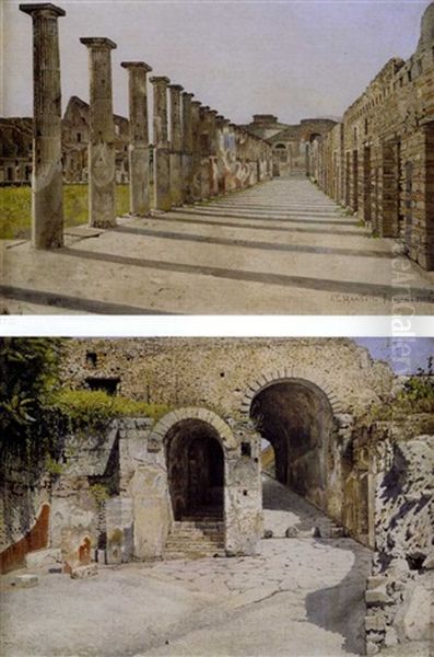 The Gladiators' Barracks, Pompei (+ The Porta Marina, Pompei; Pair) Oil Painting by Josef Theodor Hansen