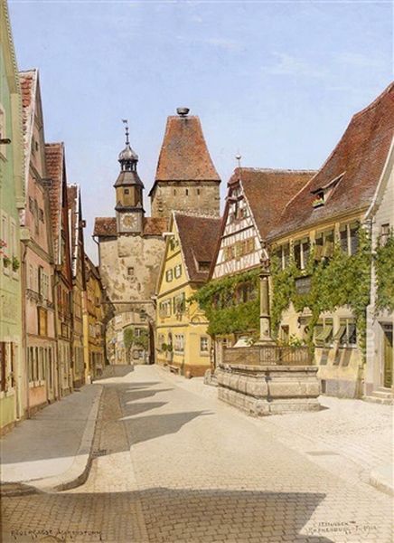 Rothenburg Ob. Der Tauber, Germany: Rodergasse Og Markusturm Oil Painting by Josef Theodor Hansen