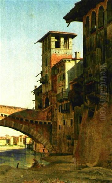 Byparti Fra Verona Med Il Ponte Della Pietra Oil Painting by Josef Theodor Hansen