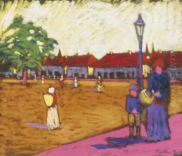 The Main Square In Nagybanya Oil Painting by Geza Balla