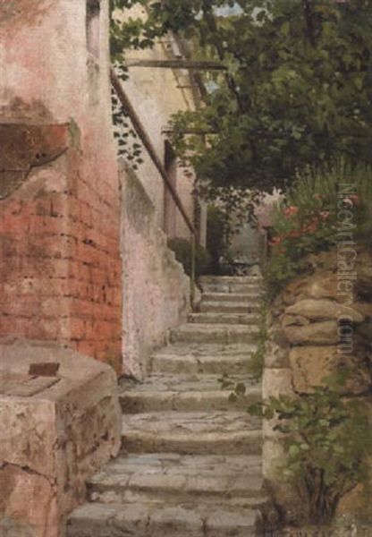 Trappeparti, Italien. Bagpa Folgende Oplysninger: Hotel Pension Minerva Cajso Di Sorrento Oil Painting by Josef Theodor Hansen